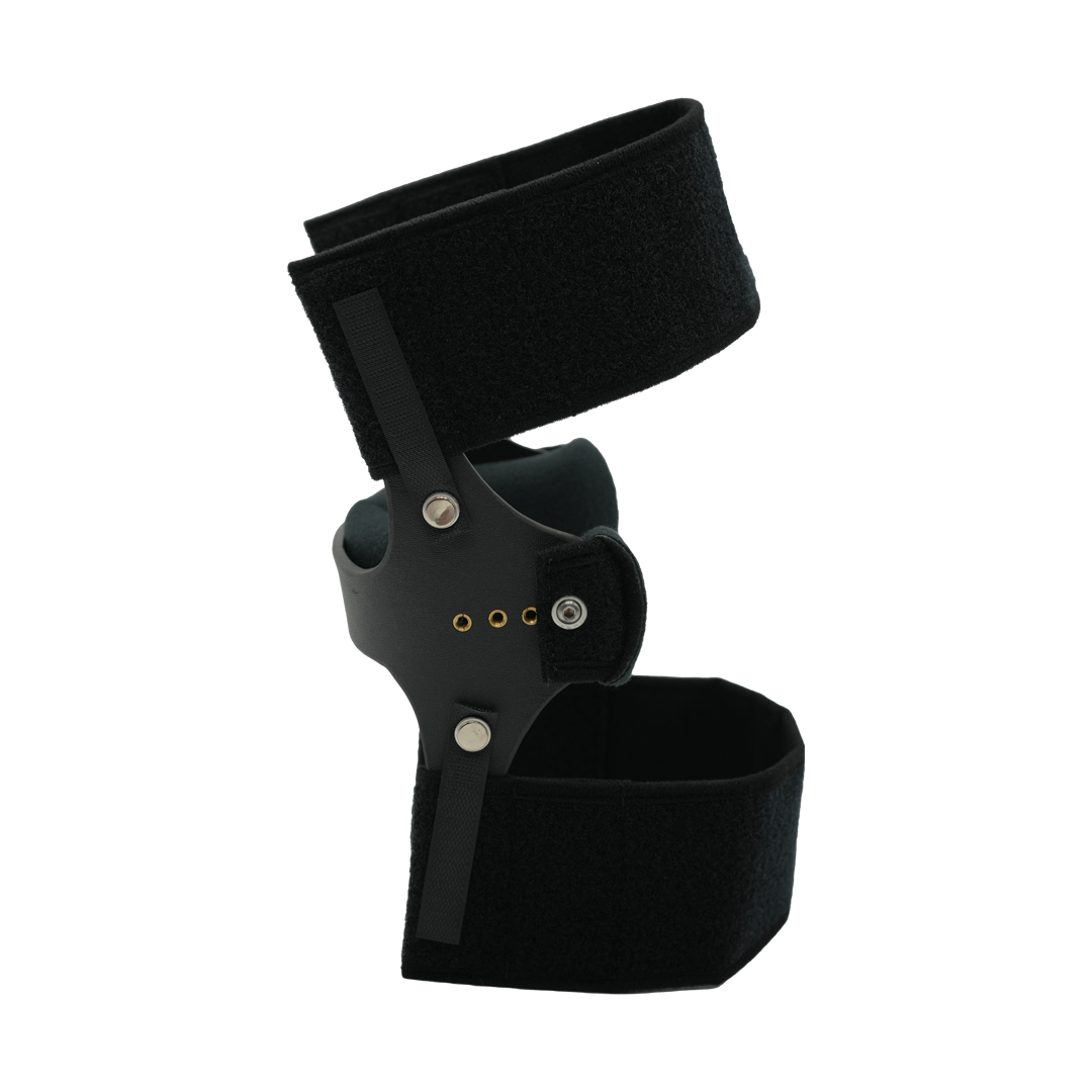 Black RCAI Knee Cage Orthosis with rigid side supports, adjustable Velcro straps, metal rivets, made in the USA, best.