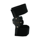 Black RCAI knee cage orthosis with adjustable velcro straps, hinged metal frame, and padded support, made in the USA; top.