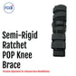 Black semi-rigid ratchet POP knee brace with adjustable straps, made in the USA, RCAI, best orthopedic braces for B2B.