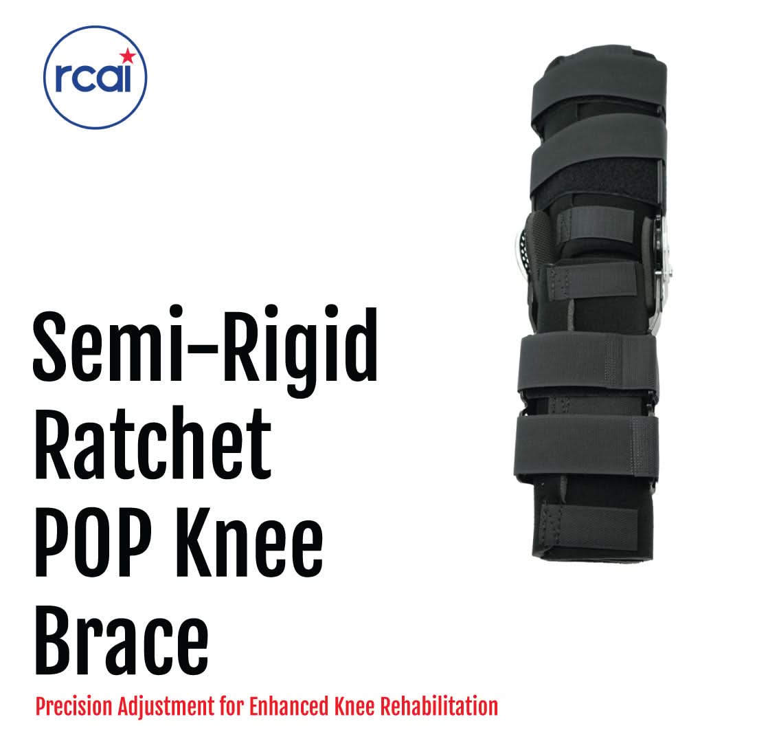 Black semi-rigid ratchet POP knee brace with adjustable straps, made in the USA, RCAI, best orthopedic braces for B2B.