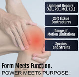 Pediatric Semi-Rigid Ratchet POP Knee Brace on child’s knee with light skin, highlighting support areas; text overlays show.