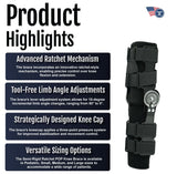Semi-rigid black ratchet POP knee brace with adjustable straps and contoured knee cap, features advanced ratchet mechanism.