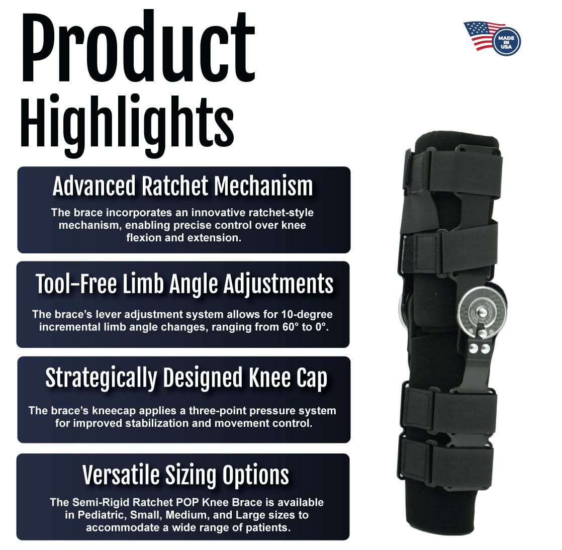 Semi-rigid black ratchet POP knee brace with adjustable straps and contoured knee cap, features advanced ratchet mechanism.