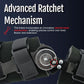 Close-up of black semi-rigid knee brace with visible advanced ratchet mechanism, showcasing adjustable dial for precise knee .