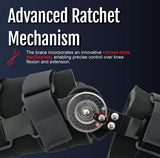 Close-up of black semi-rigid knee brace with visible advanced ratchet mechanism, showcasing adjustable dial for precise knee .