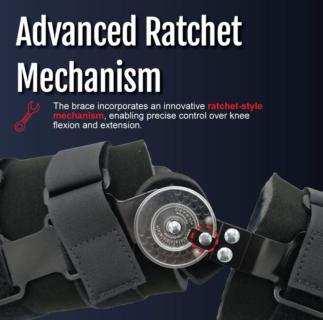 Close-up of black semi-rigid knee brace with visible advanced ratchet mechanism, showcasing adjustable dial for precise knee .