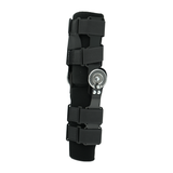 Black semi-rigid ratchet POP knee brace with four adjustable Velcro straps and silver metal ratchet hinge, made in the USA,.