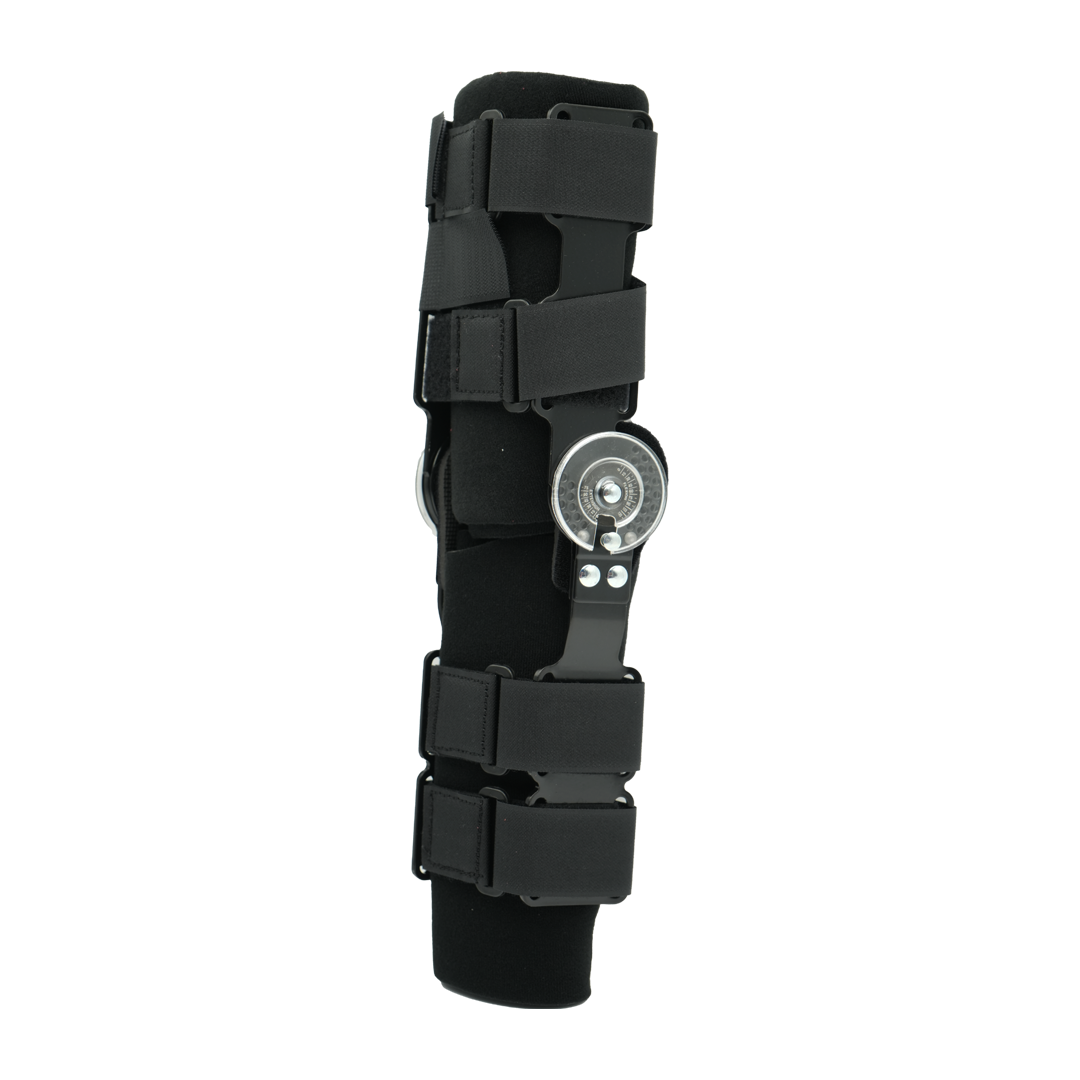Black semi-rigid ratchet POP knee brace with four adjustable Velcro straps and silver metal ratchet hinge, made in the USA,.