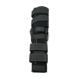 Black semi-rigid ratchet POP knee brace with four adjustable straps and metal hinges, made in the USA, best orthopedic.