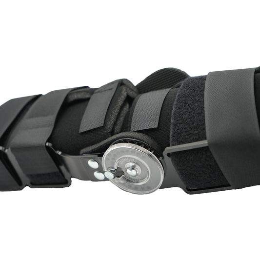 Black Semi-Rigid Ratchet POP Knee Brace with adjustable straps and metal dial, made in the USA, best orthopedic braces,.