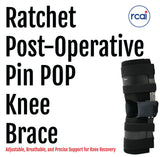 Black ratchet post-operative knee brace with adjustable straps and padded support, made in the USA, RCAI logo, best.