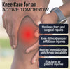 Close-up of a hand gripping a knee with a red highlight indicating pain, overlaid text about knee care and injuries,.