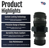 Black ratchet post-operative knee brace with adjustable range of motion, multiple straps, and durable lightweight design,.