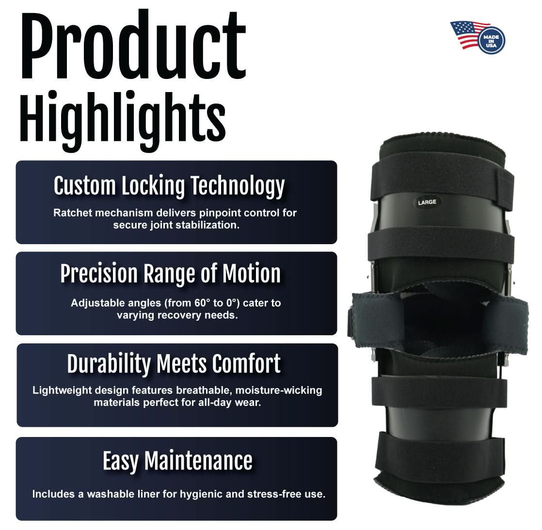 Black ratchet post-operative knee brace with adjustable straps and hinges, featuring custom locking technology, precision.