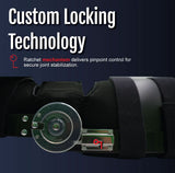 Close-up of black ratchet post-operative knee brace with adjustable locking dial, showcasing custom locking technology for.