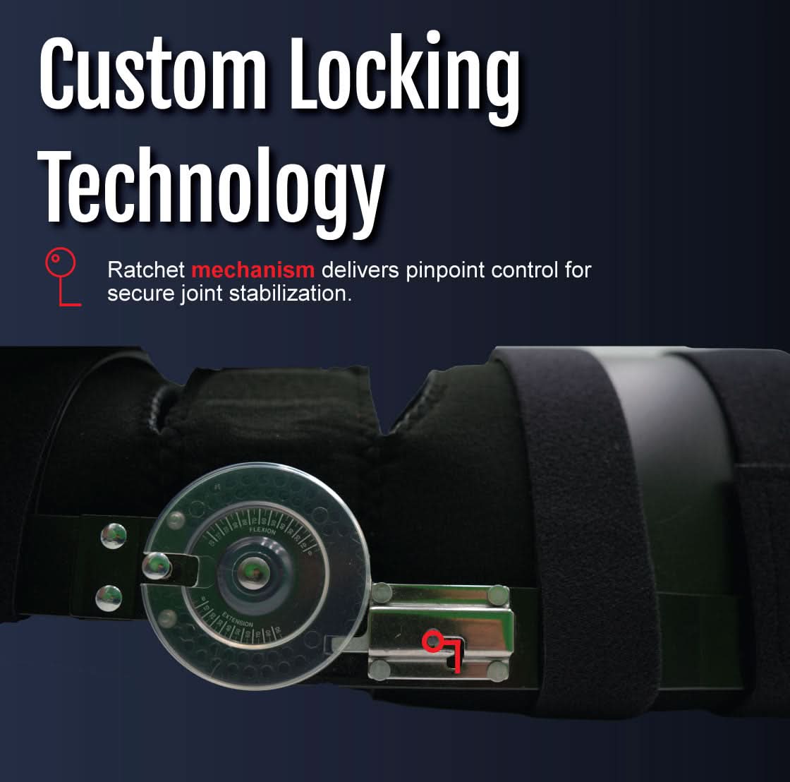 Close-up of black ratchet post-operative knee brace with adjustable locking dial, metal ratchet mechanism, and padded.