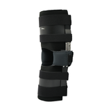 Black ratchet post-operative knee brace with adjustable metal hinges, multiple padded straps, lightweight design, made in.