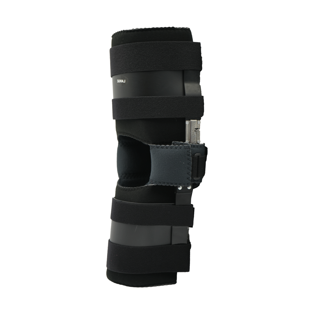 Black ratchet post-operative knee brace with adjustable metal hinges, multiple padded straps, lightweight design, made in.