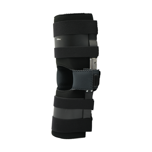 Black ratchet post-operative knee brace with adjustable metal hinges, multiple padded straps, lightweight design, made in.