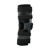 Black adjustable ratchet post-operative knee brace with padded straps and metal hinge, lightweight support, made in the USA, .