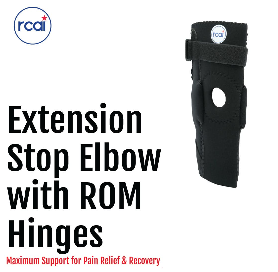 Black Extension Stop Elbow brace with ROM hinges, adjustable straps, made in the USA, RCAl logo, best orthopedic braces for.
