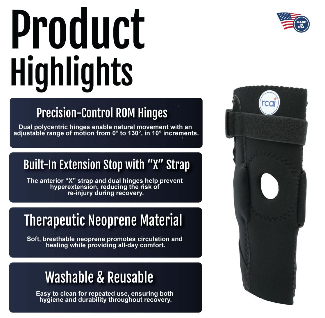Black neoprene extension stop elbow brace with adjustable Velcro straps and built-in precision ROM hinges, made in the USA,.
