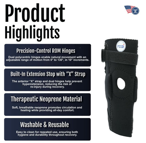 Black neoprene extension stop elbow brace with adjustable Velcro straps and built-in precision ROM hinges, made in the USA,.