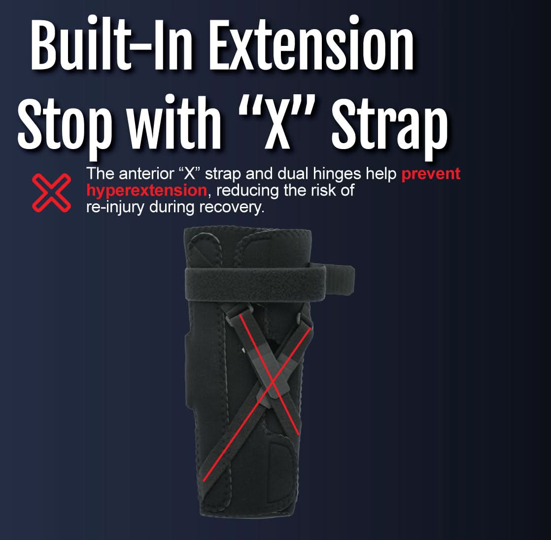 Black orthopedic extension stop elbow brace with X strap and dual ROM hinges, made in the USA, RCAI, B2B orthopedics.