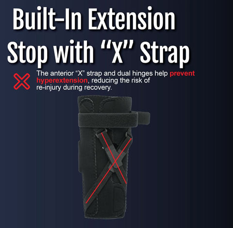 Black orthopedic extension stop elbow brace with X strap and dual ROM hinges, made in the USA, RCAI, B2B orthopedics.