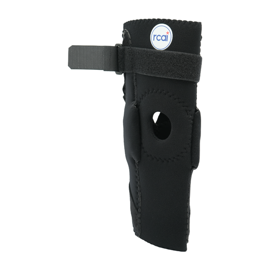 Black Extension Stop Elbow brace with circular ROM hinge, adjustable strap, and rcaI logo, made in the USA for b2b.