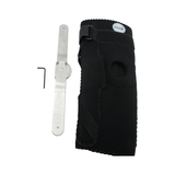 Black neoprene Extension Stop Elbow brace with adjustable ROM hinges and metal adjustment tool, made in the USA by RCAI,.