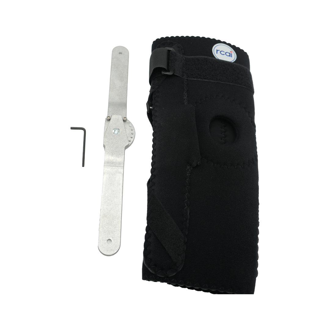 Black neoprene Extension Stop Elbow brace with adjustable ROM hinges and metal adjustment tool, made in the USA by RCAI,.