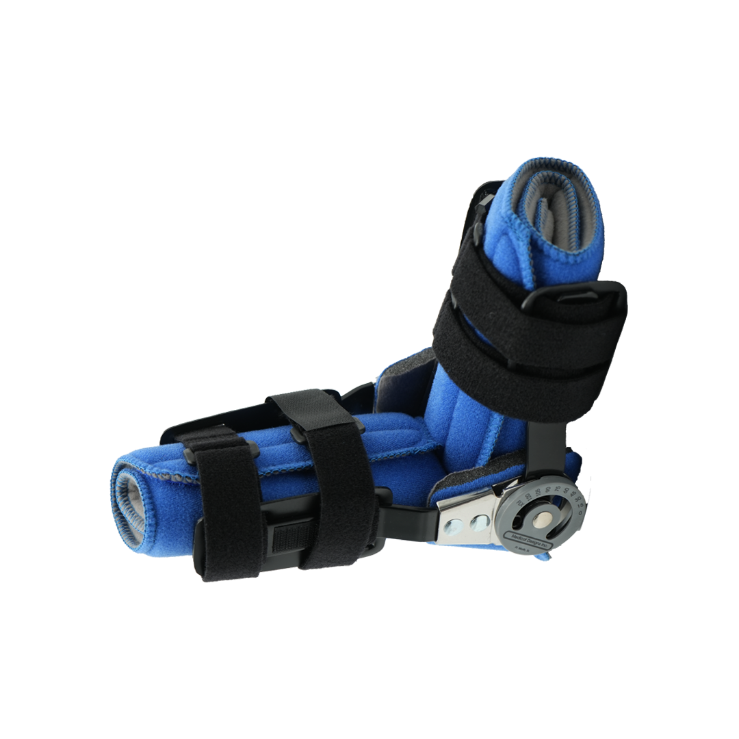 Blue and black adjustable arm brace with metal hinges, foam padding, and multiple velcro straps, designed for superior.