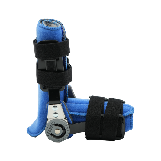 Blue Comprehensive Basic Arm Brace with adjustable black straps, reinforced metal hinge, made in the USA, best orthopedic.