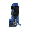 Blue comprehensive basic arm brace with black adjustable straps and metal hinge, made in the USA, ideal for B2B orthopedics.