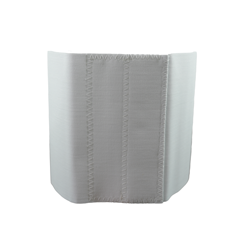 White RCAI abdominal binder with wide elastic panels and vertical stitching, made in the USA, best orthopedic braces for.