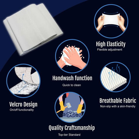 White RCAI pediatric abdominal binder showing breathable, elastic fabric with Velcro closure designed for comfort, made in.