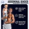 Smiling toddler wearing white RCAI pediatric abdominal binder around torso, showing comfortable fit and support, made in the .