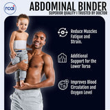 Smiling toddler wearing white RCAI pediatric abdominal binder around torso, worn by a man holding the child, showcasing soft .