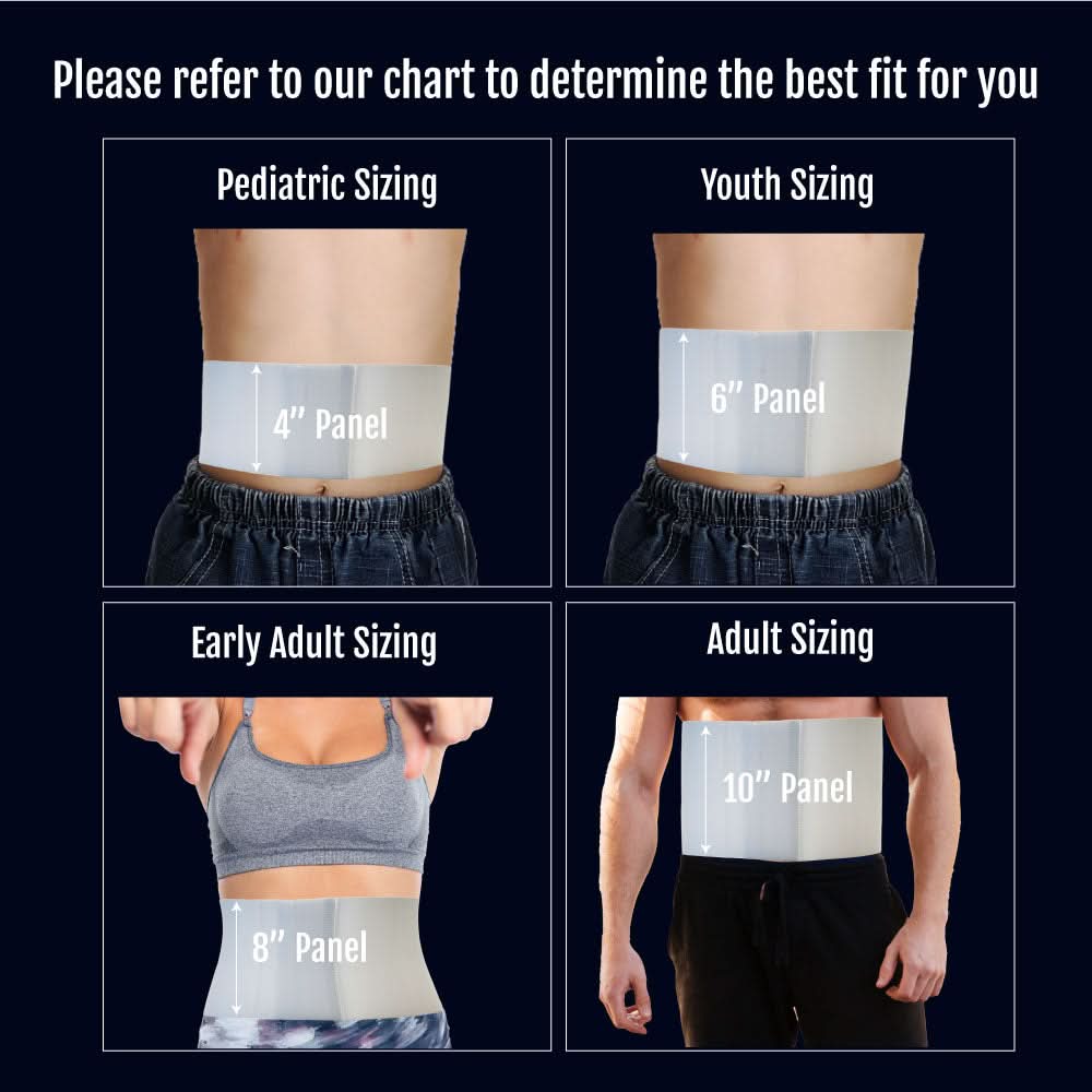 Set of four white RCAI pediatric abdominal binders in varying sizes on models, showing 4", 6", 8", and 10" panel widths with .