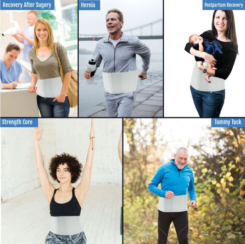 White RCAI pediatric abdominal binder wrapped around a male torso, demonstrating comfortable medical-grade support for.