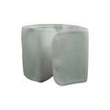 Soft white pediatric abdominal binder with adjustable wide hook-and-loop closure and quilted stitching for medical support.
