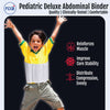 Child wearing white Pediatric Deluxe Abdominal Binder with adjustable fit over yellow shirt and gray shorts, promoting.