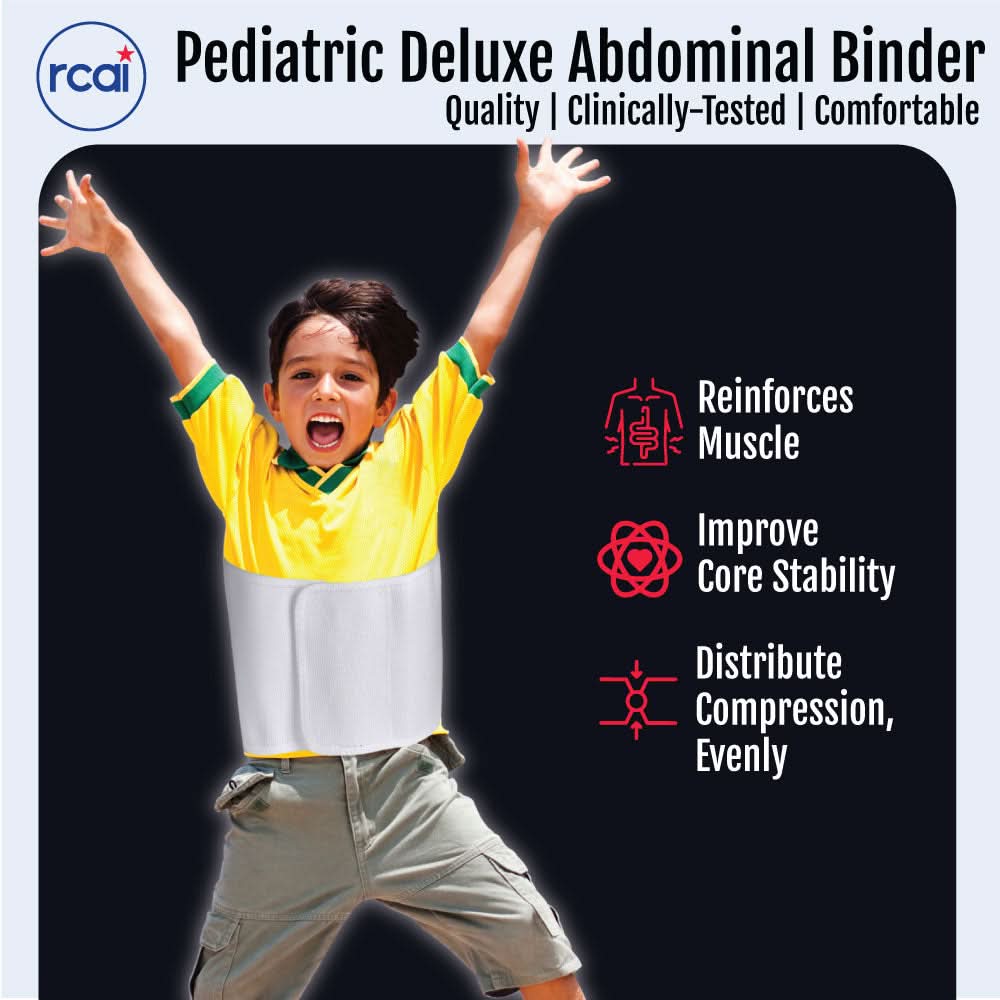 Pediatric white abdominal binder worn on child's waist with raised arms, soft adjustable medical-grade support, made in the.