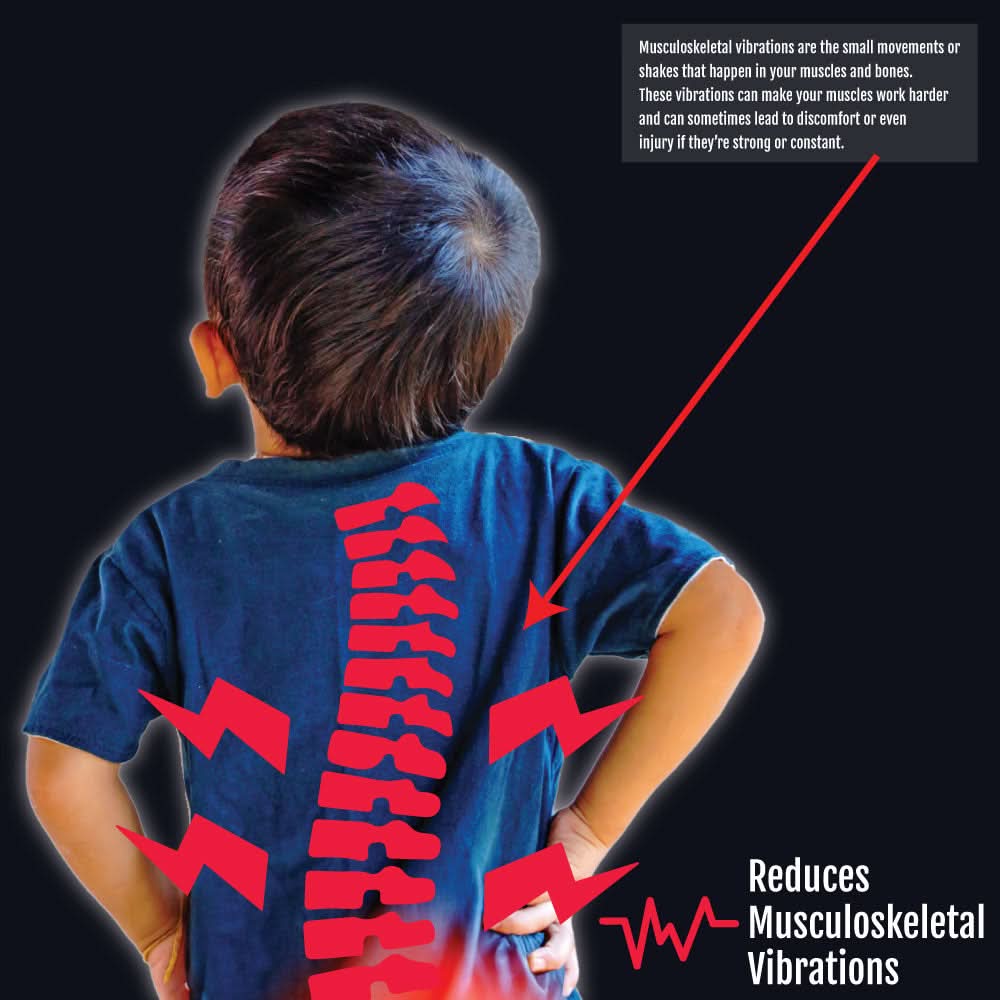 Child wearing blue shirt with red graphic spine overlay and arrows indicating musculoskeletal support, pediatric abdominal.