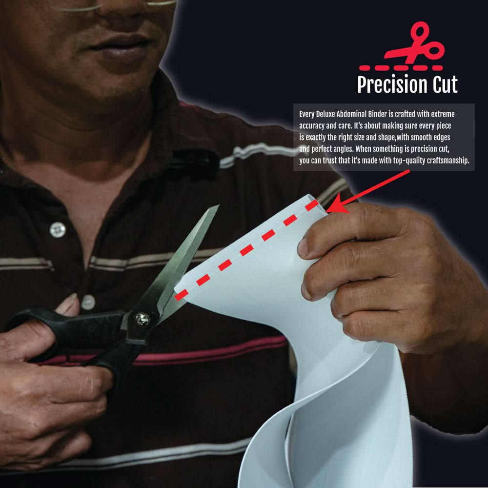 Close-up of white pediatric abdominal binder with red dashed line showing precision cut feature, held by person cutting with .