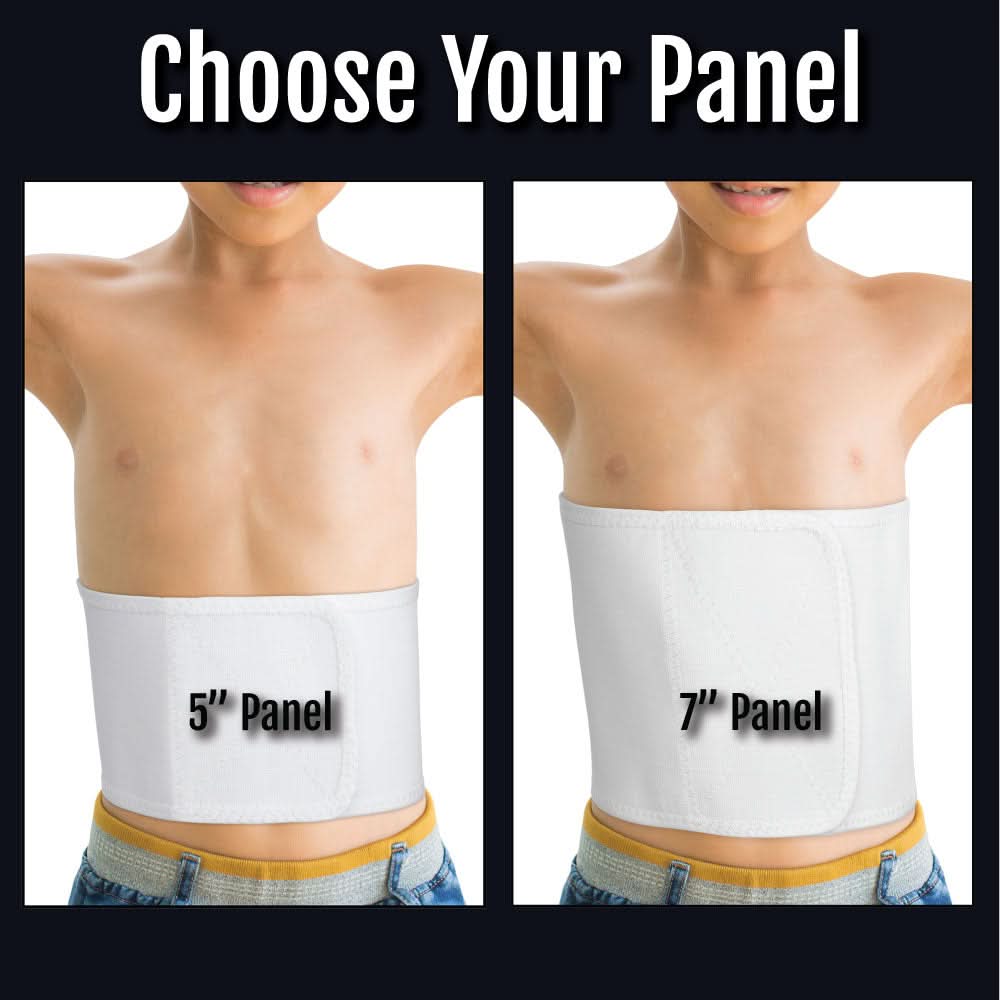 Two pediatric abdominal binders on child torsos showing 5" and 7" panel sizes; soft white fabric, adjustable, made in the.