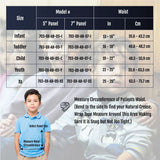 Pediatric Deluxe Abdominal Binder size chart detailing Infant to Extra Small waist measurements in inches and cm, featuring.
