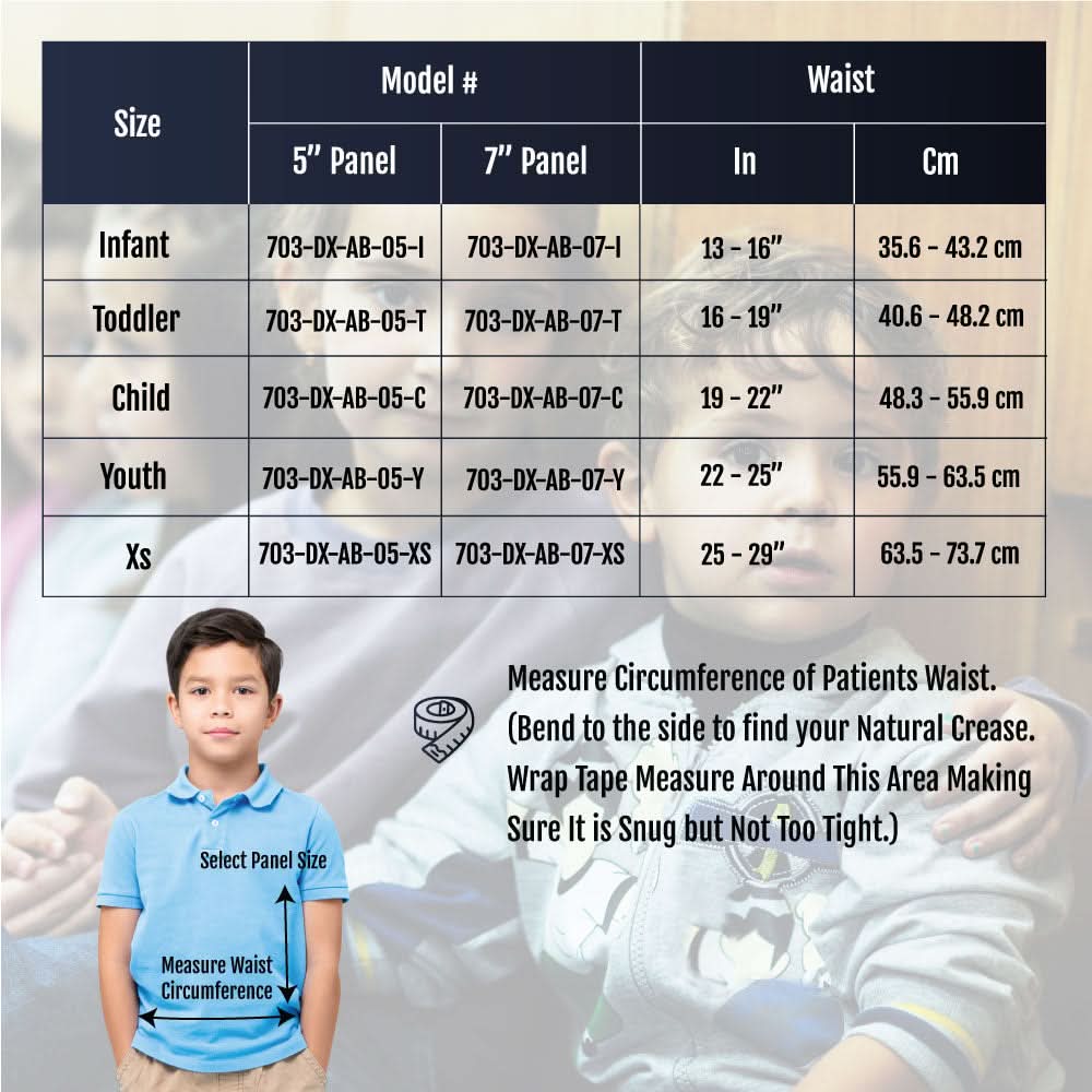 Pediatric Deluxe Abdominal Binder size chart detailing Infant to Extra Small waist measurements in inches and cm, featuring.