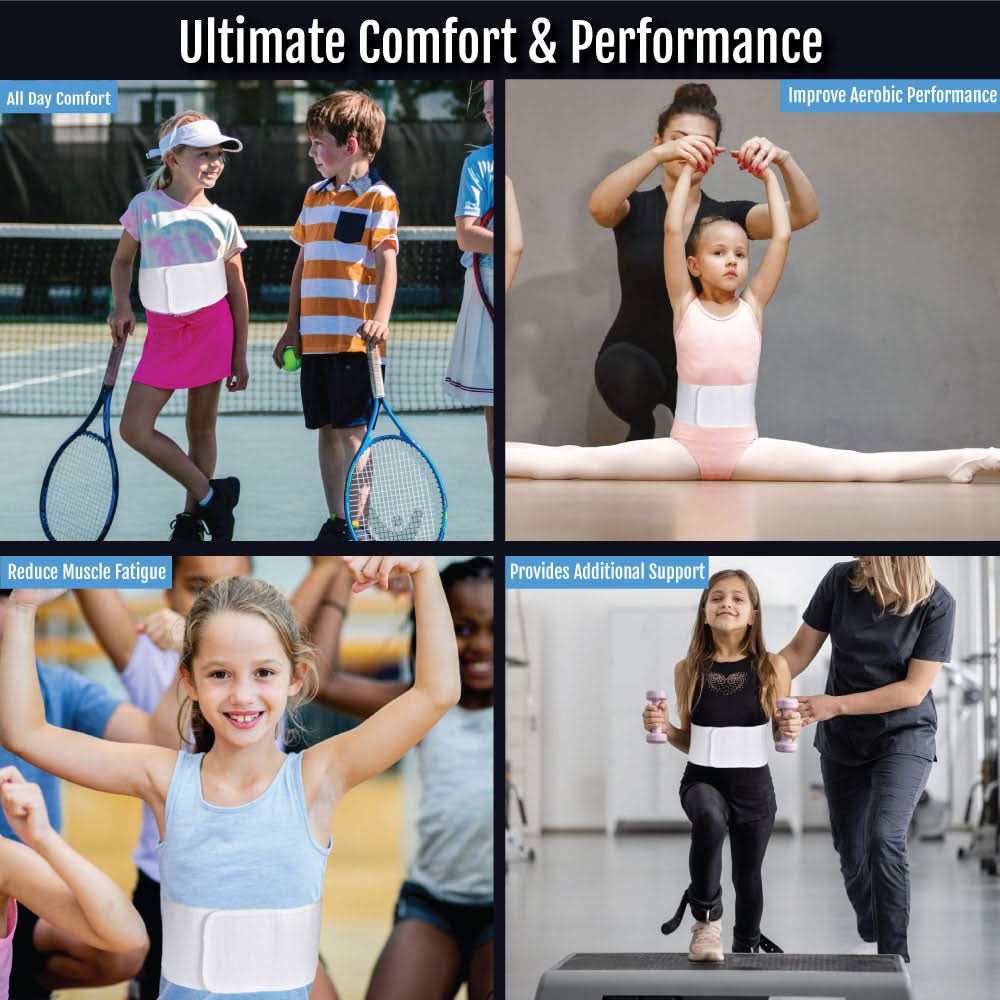 Top-left features two kids on tennis court wearing white binders; top-right shows young gymnast in pink leotard and white.
